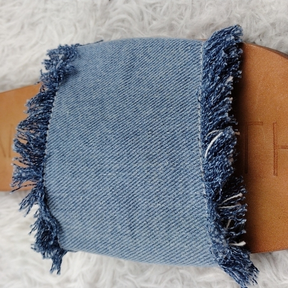 James Smith Blue Leather Fray Denim Fabric Upper Open Toe Slide Flat Sandal Shoe - Picture 13 of 15